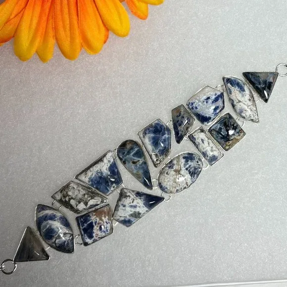 Sodalite Bracelet Handmade Stone Gemstone 925 Silver Large Ethnic Bohemian New!